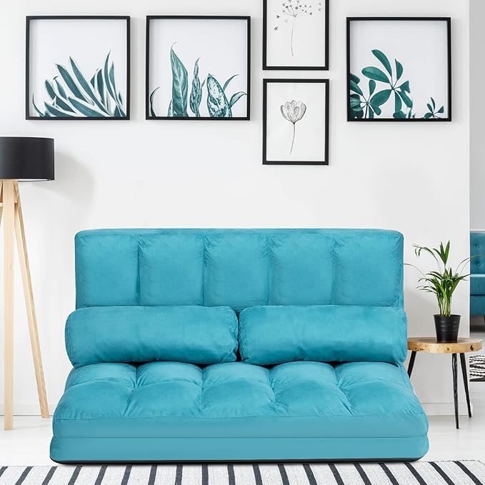 COSTWAY Floor Sofa Couch with 2 Pillows Foldable 6-Position Adjustable Lazy Sofa Bed Sleeper with Metal Frame Soft Suede Fabric Gaming Playing Lounge Recliner for Adults (Blue)