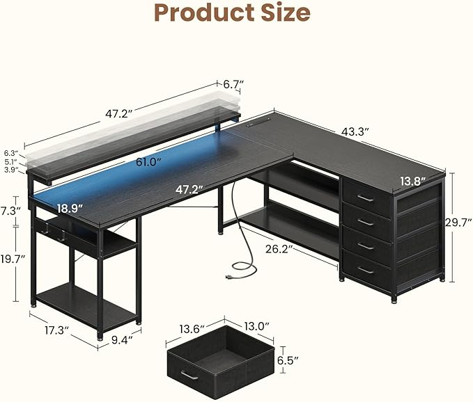 AODK 61 L Shaped Desk with Drawer Computer Desk with Power Outlets &amp LED Lights Reversible Corner Gaming Desk for Home Office Workstation Office Desk with Monitor Shelf Pure Black