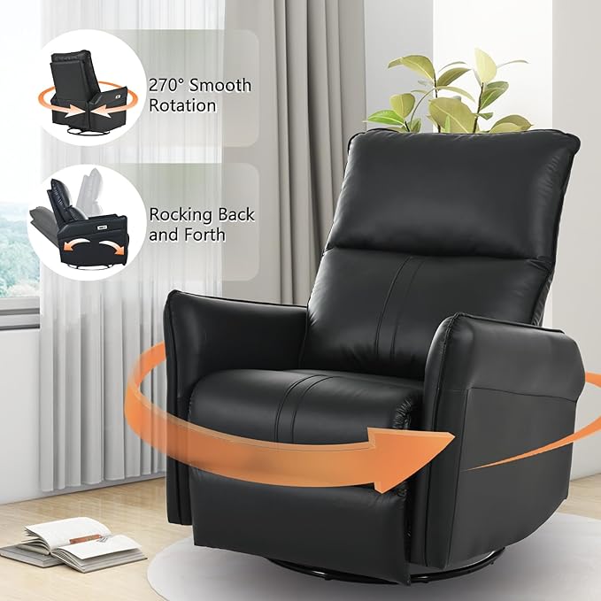 cinkehome Power Swivel Rocker Recliner with USB Overstuffed Electric Reclining Chair Faux Leather Rocker Recliner for Nursery Living Room Black