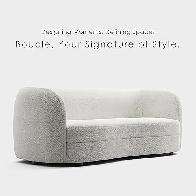 Furniture of America Nimiane Modern Boucle Sofa with Curved Arms and Wooden Legs Comfy Fabric Upholstered 3 Seater Couch for Living Room Bedroom Home Office Off-White