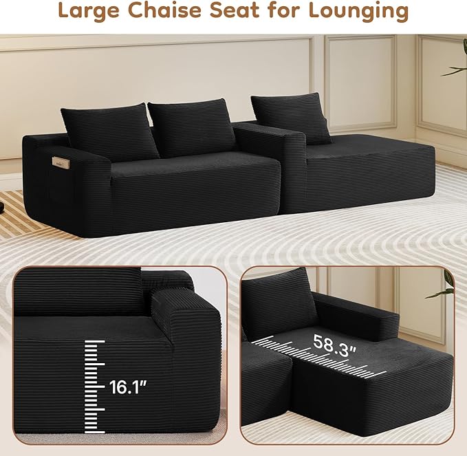 Rovibek 97 Black Boneless Couch Modular Sectional Sofa with Chaise Compressed Corduroy Couch with Deep Seat No Assembly Required