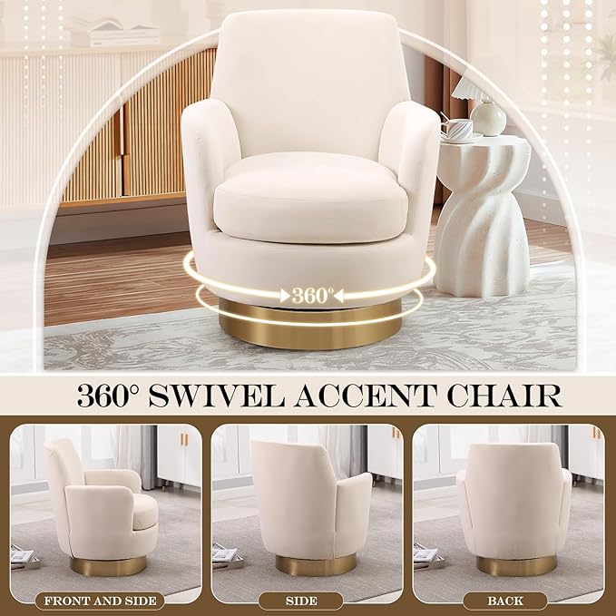 360° Swivel Barrel Chair Set of 2 28.3 Modern Velvet Round Accent Chair Comfy Upholstered Small Armchair with Gold Metal Base for Living Room Bedroom Nursery Office Sillas para Sala Beige