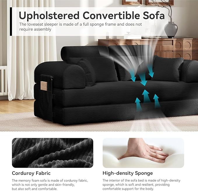 79'' Upgrade High Backrest Sofa Bed with Fixed Frame Removable Armrests &amp Backrest Corduroy Fabric Convertible Couch for Small Spaces No Assembly Needed (High Backrest Black)