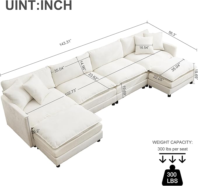 143.31 U Shaped Cloud Modular Sofa with Chaise Lounges Sectional Couches for Living Room Deep Seat Cloud Couch Chenille Comfy with Pillow