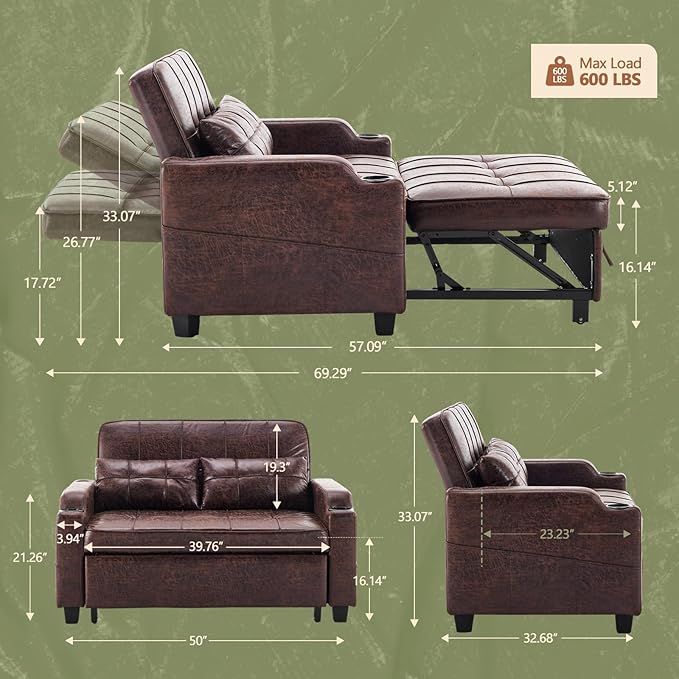 VINGLI Rustic Futon Sofa Bed Convertible Loveseat Sleeper Sofa Couch Pullout Sofa Fold Out Couch Bed with USB Ports Cup Holders Armrest for Living Room Bedroom Apartment Room | Loveseat Sleeper