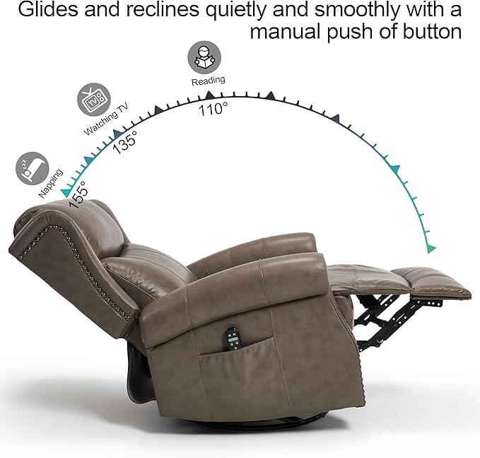 Manual Rocker Swivel Recliner Chair for Adults Vibration Massage Reclining Glider Chair with Lumbar Heat Rivet Design Single Sofa for Living Room Genuine Leather Camel Brown