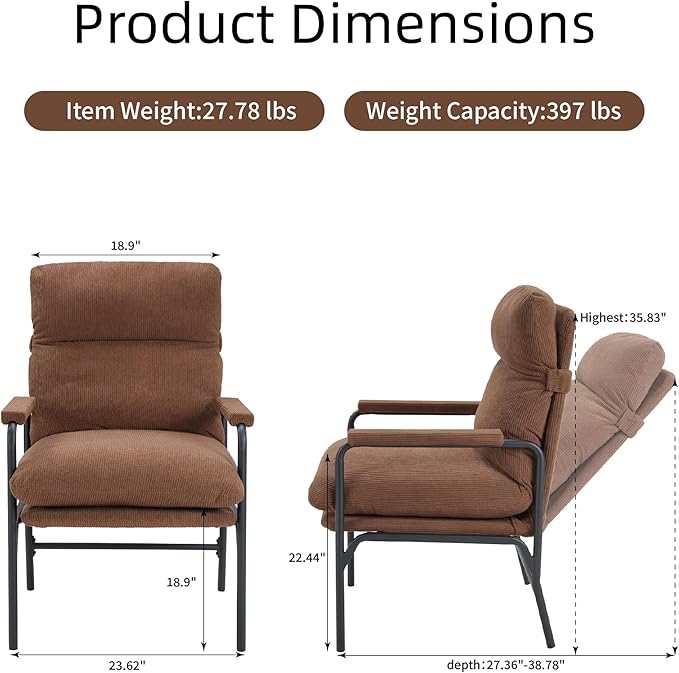 Modern Recliner Chair with Adjustable 3-Level Backrest &amp Removable Corduroy Cushions - 396 lbs Capacity Metal Frame Lounge Chair for Living Room Bedroom Office - Ergonomic Reading &amp Gaming S