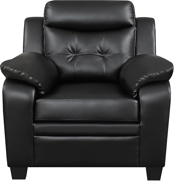 BOWERY HILL Contemporary Tufted Upholstered Accent Chair Black Leatherette 40 H x 39.5 W x 36 D Plush Headrest and Armrests Solid Wood Frame Stylish Living Room or Office Seating