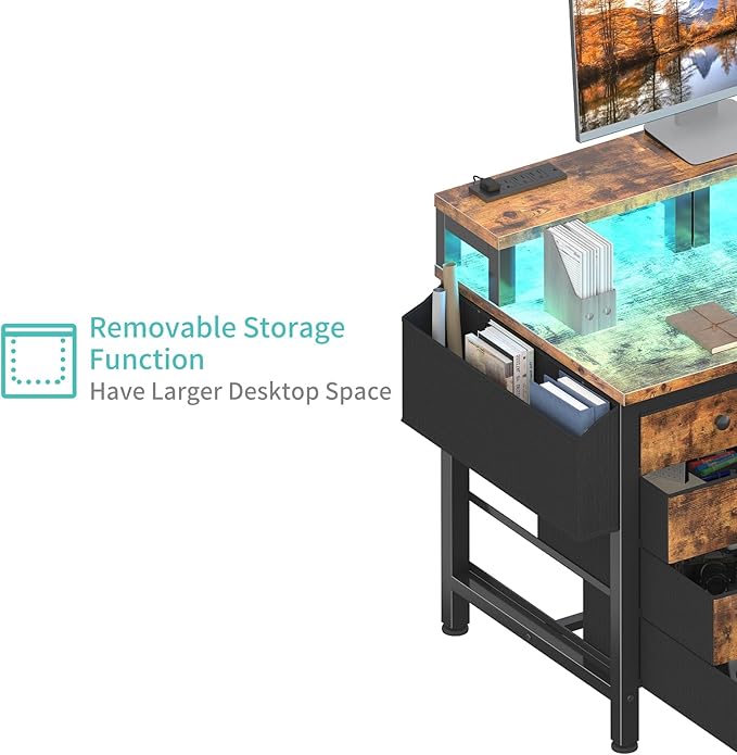 Lufeiya Reversible Gaming Desk with LED Lights and Power Outlets 47 inch Home Office Desk with Monitor Stand Computer Desk with Fabric Drawers Rustic Brown