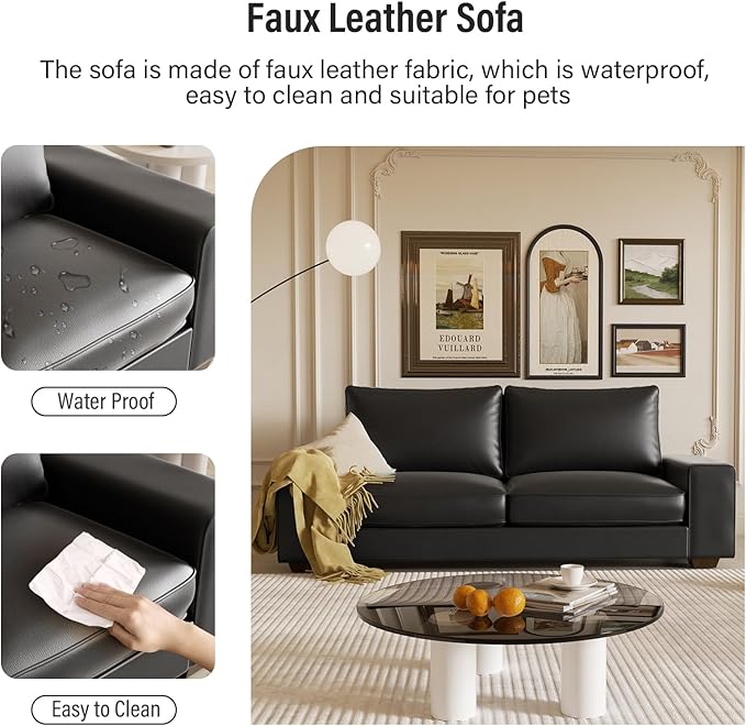 Faux Leather Couch Mid Century Modern Comfy Loveseat Sofa with Wide Arm Side Pockets Solid Wooden Frame for Office Living Room and Bedroom 3 Seater (Black 88.58 inches)