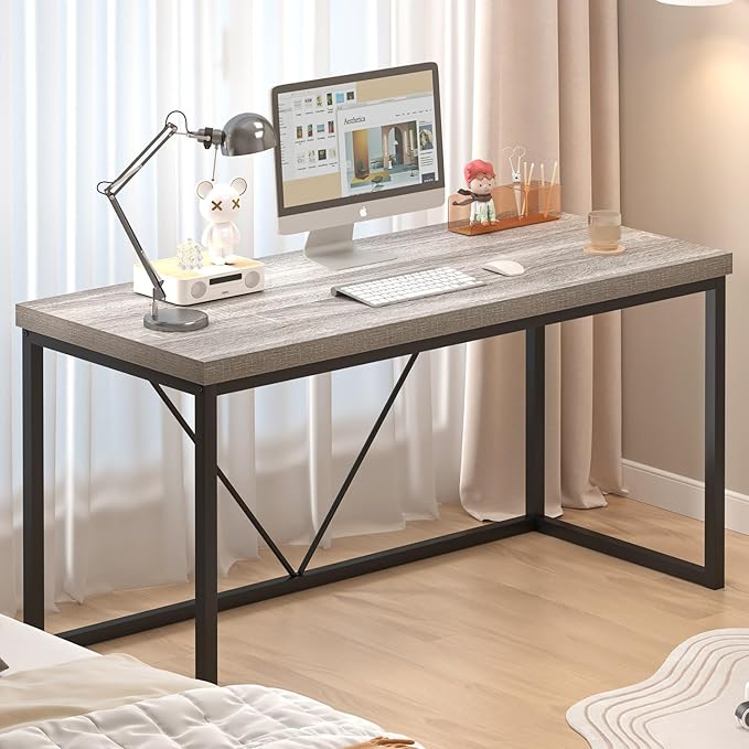 FOLUBAN Modern Home Office Desk Industrial Vintage Computer Desk Rustic Wood and Metal Study Writing Table Simple Work Gaming PC Desks for Bedroom Living Room Light Grey 53 Inch
