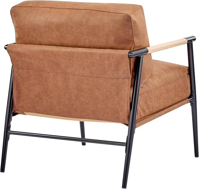 Faux Leather Modern Accent Chair Lounge Arm Chair Upholstered Armchair with Plush Cushions Single Chairs with Metal FrameWooden Armrest - Perfect for OfficeLiving RoomBedroomBrown