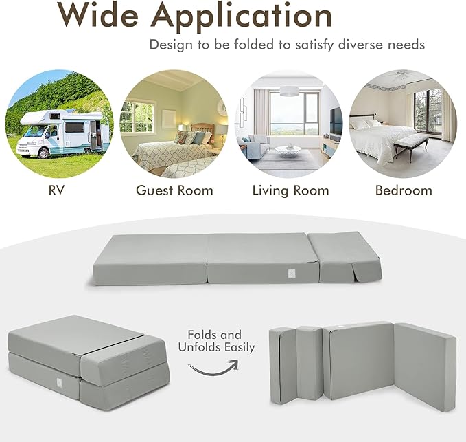 COSTWAY Triple Fold Down Sofa Bed 3-in-1 Fold Floor Couch Lounge Sleeper with Thick Cushion Flock Fabric Convertible Design Portable Single Guest Bed Mattress for Living Room Bedroom (Grey)