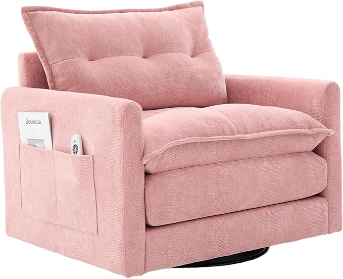 Swivel Accent Chairs for Living Room 36.2 Comfy Swivel Chair with Solid Metal Base Single Sofa with Pillows &amp Side Pockets (Pink)