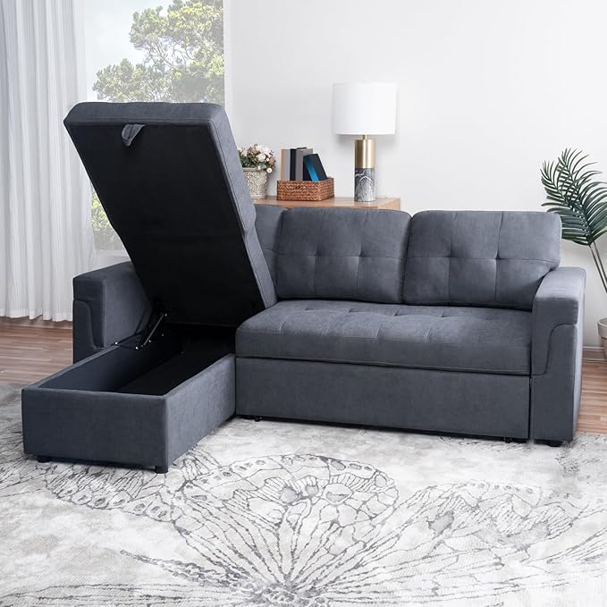 Multifunctional Sectional Sofa with Pull-Out Sleeper Bed &amp Hidden Storage – Reversible Chaise Dark GrayVelvet – Space-Saving Durable Stylish &amp Easy DIY Assembly for Apartments &amp Small H