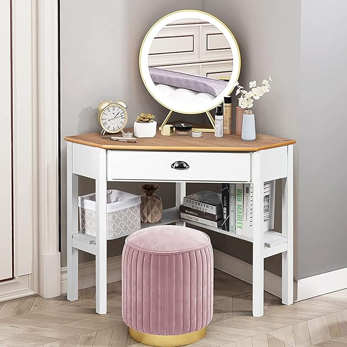 Goplus Topment Corner Desk with a Slide Out Drawer Triangle Home Computer Desk Writing Table with an Open Shelf Freestanding Gaming Desk for Apartment Office Workstation for Dorm Laptop Desk