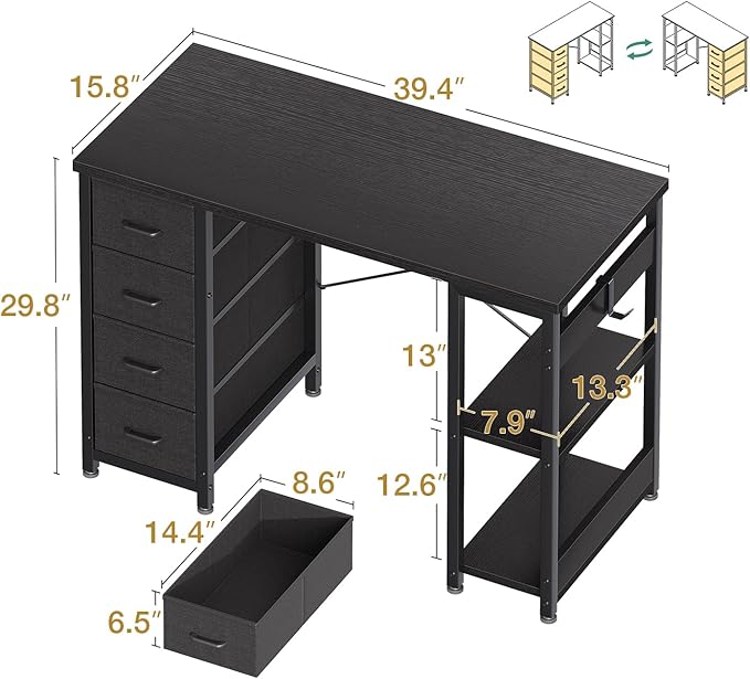 ODK 40 Inch Small Computer Desk with 4 Fabric Drawers Modern Writing PC Desk for Small Spaces Study &amp Home Office Desk with Storage Shelves Black