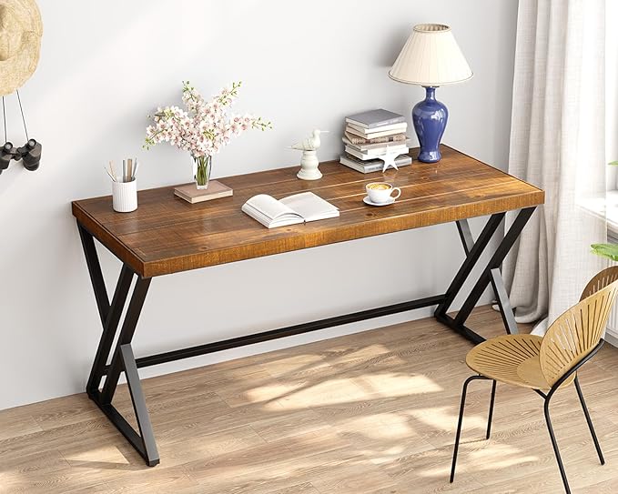 Real Wood Computer Desk Modern Natural Wood Home Office Desk Rustic Solid Wood Work Study Writing Desk Farmhouse Workstation PC Gaming Executive Table for Bedroom Brown 47 inch