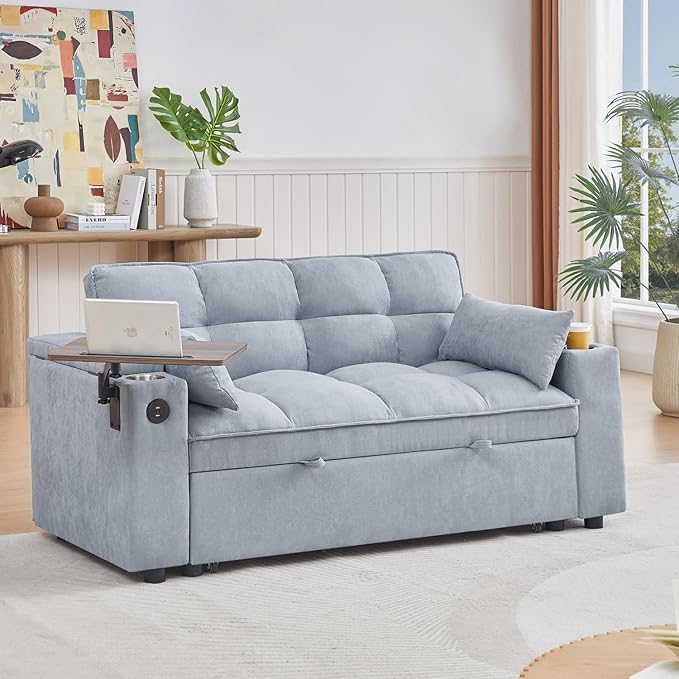 65''Convertible Sleeper Sofa Bed3-in-1 Pull Out Couch Bed with 360 Degree rotatable Side Table and USB Ports for Living RoomRV (07 Light Grey)
