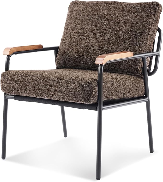 VINGLI Mid-Century Modern Accent Armchiar for Small Space Small Comfy Upholstered Leisure Reading Chair with Wood Armrest for Bedroom Living Room Waiting Room Linen Expresso