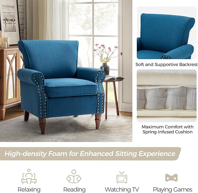 HULALA HOME Accent Chair with Wood Legs &amp Removable Cushion Modern Wingback Armchair with Nailhead Trim Comfy Upholstered Lounge Chair Single Sofa Chairs for Living Room Bedroom Set of 2 Navy