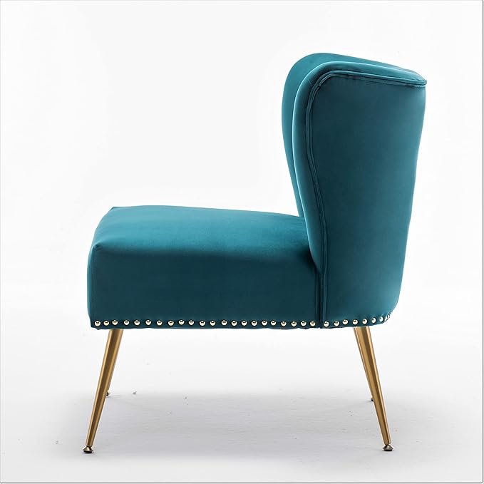Thia Armless Velvet Accent Chair for Living Room Elegant Seat with Nailhead Trim Gold Metal Legs and Comfortable Curved Back 28 D x 25 W x 29.5 H Bluish Green