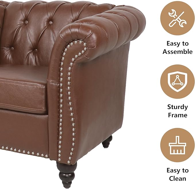 Living Room Chair Modern Leather Chesterfield Sofa Chair Mid Century Single Sofa Couch Chair with Tufted Back and Rolled Arms Accent Sofa Chair for Living Room Apartment Brown