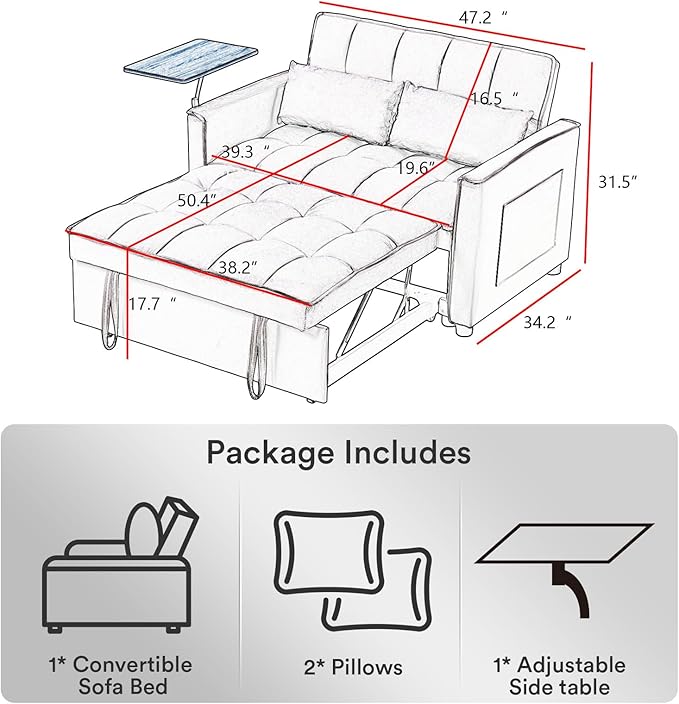 Rovibek 3 in 1 Convertible Sofa Bed Sleeper Pull Out Couch with Table Futon Loveseat Sofa Bed for Living Room with Adjustable Backrest 2 Pillows (Grey