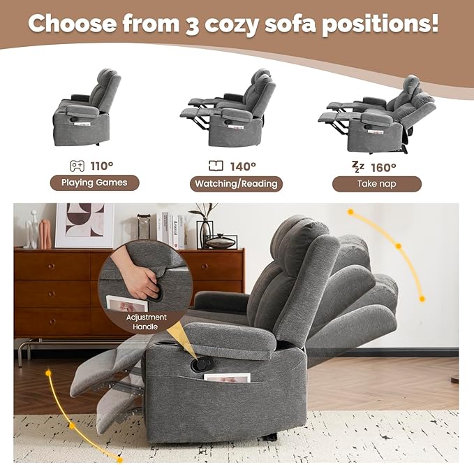 Chenille Reclining Sofa 3-Seater with Convertible Table Storage Ottoman &amp Cup Holders | Modern Space-Saving Couch Ergonomic Living Room Furniture (Gray)