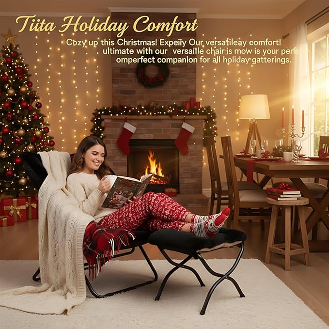 Tiita Folded Chair with Ottoman Soft Faux Fur Oversized Folding Accent ChairLazy Chair Metal Frame Moon Chair for Bedroom Living Room Dorm Rooms Garden and Courtyard