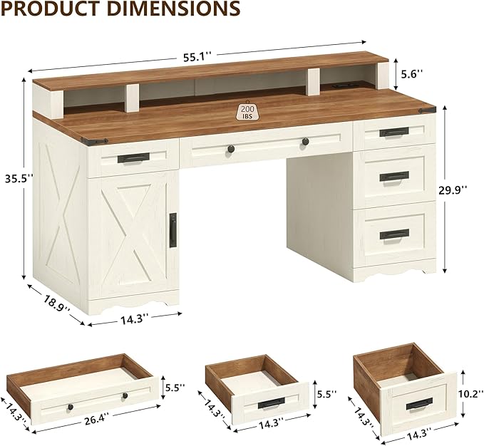 Farmhouse Executive Desk with Drawers &amp Storage Shelves 55 Computer Desk with Power Outlets Home Office Desk with Monitor Stand &amp File Drawers Writing Study Table Antique White
