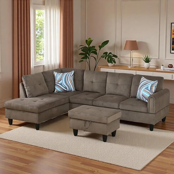 L-Shaped Sectional Sofa with Movable Chaise &amp Storage Ottoman Lounge 3-Piece Modular Convertible Couches for Living Room Apartment &amp Office Brown