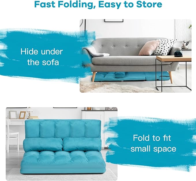 KOMFOTT Adjustable Floor Sofa Bed Foldable Lazy Sofa Sleeper with 6 Position Backrest &amp 2 Pillows Convertible Futon Couch with Suede Cloth Cover Lounge Recliner for Living Room