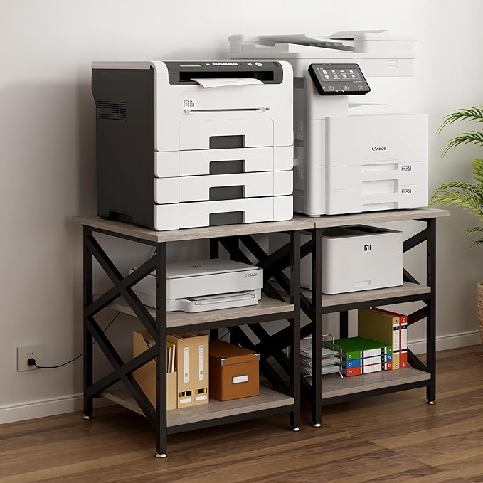 Large Printer Stand with Power Outlet with Height Adjustable Storage Shelf 3 Tier Rolling Printer Cart with Industrial Wheels 23.6 x 23.6 Inches Printer Table for Home Office Greige