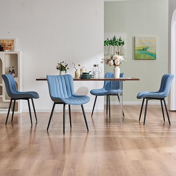 YOUNUOKE Mid-Century Modern Dining Chairs Set of 2 Blue PU Leather Upholstered Kitchen Chairs with Black Metal Legs Armless Accent Chair for Dining Room Guest Reception Room