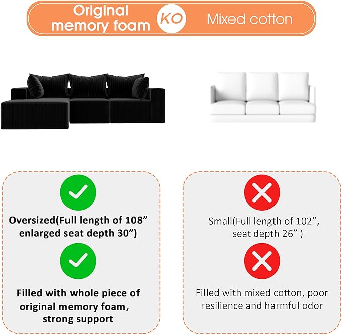 108Modern Sectional SofaModular Convertible L-Shape SofasUpholstered Couches with Deep SeatPet-Friendly Sponge Sofa for Living Room BedroomSofa bed for small space (Black Left Facing Chaise)