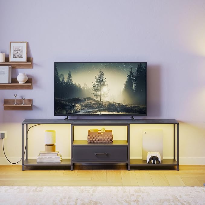 TV Stand with LED Lights Entertainment Center with Open Shelves and Fabric Drawer Media Console for 80 Inch TV Television Stands for Living Room Bedroom Black