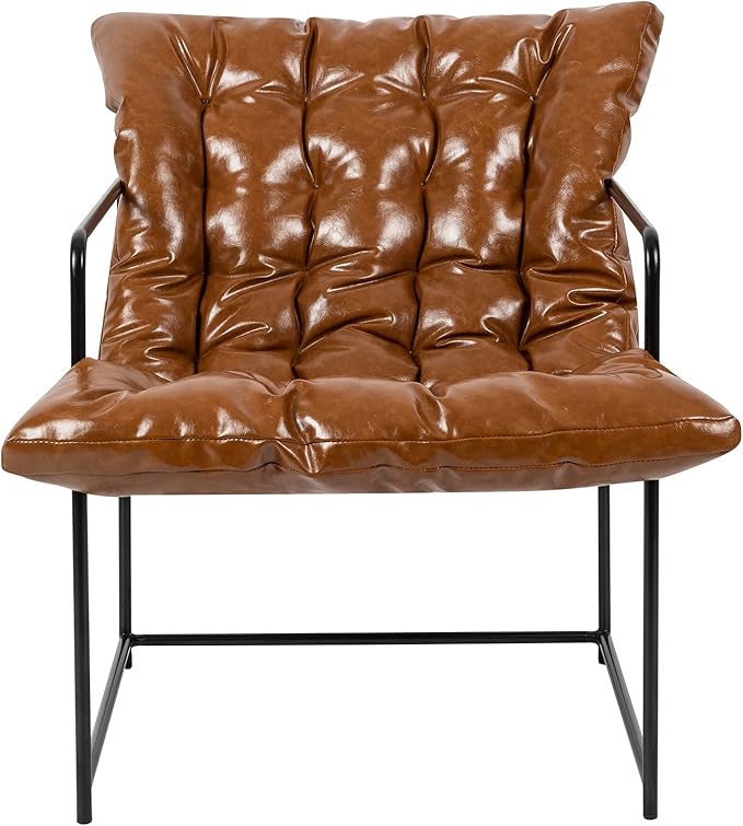 GIA Sling Accent ChairIdeal for Living Room Bedroom and Office1 Pack Brown PU Leather Upholstered Black Metal Base