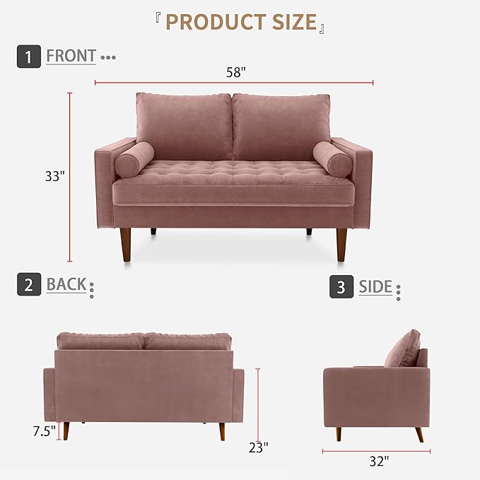 SILKIR Velvet Loveseat Sofa Love Seats Furniture for Small Spaces Mid-Century Modern Loveseats for Living Room Love Seat Couch 58 Inches Rose