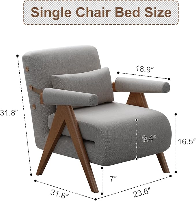 3 in 1 Convertible Sleeper Chair GreyFlip Out Sofa Chair Pull Out Couch to Bed for Adults Indoor Space Saving Lounger Furniture for Living Room Bedroom Compact Guest Bed W25x31.8Dx31.8H“
