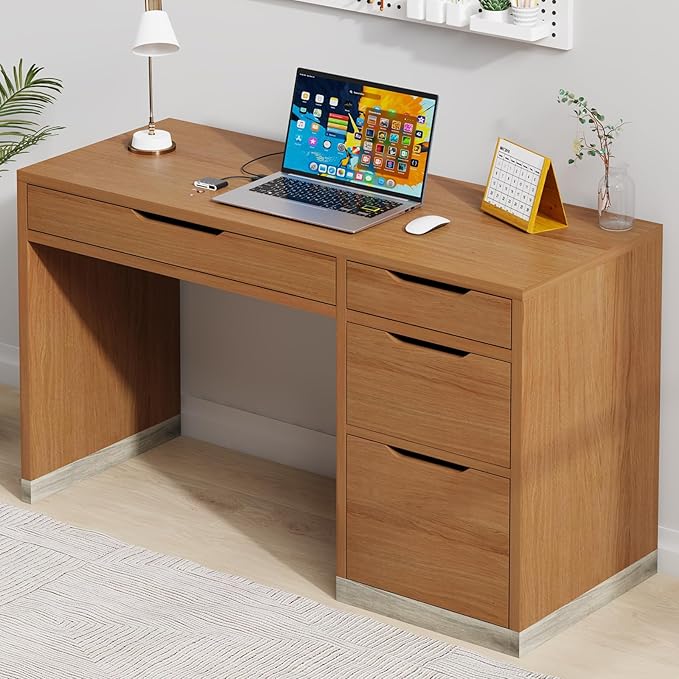 Small Desk with Drawers 52 Inch Computer Desk with Storage Home Office Desk with Filing Drawer for Bedroom Brown