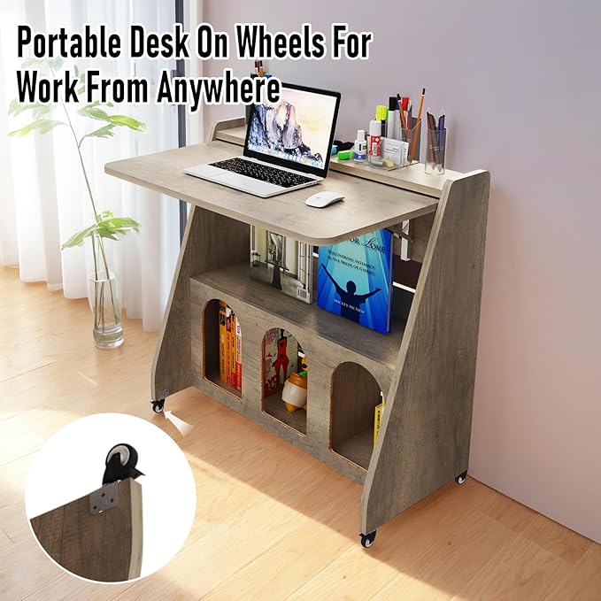 Pmnianhua Portable Mobile Desk on WheelsMobile WorkstationRolling Computer Desk with Wheels and Storage for Home Office Small Space (Grey)