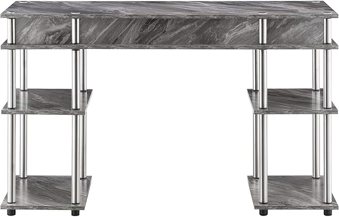 Pemberly Row No Tools Student Desk Gray Faux Marble Wood Finish Stainless Steel Legs 47.25 x 15.75 x 30 in Modern Home Office Desk with Shelves for Storage