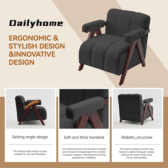 Accent Chair Mid-Century Modern with Wide Backrest for Bedroom Upholstered Living Room Chair with Wooden Lounge Armchair with Thick Cushion Cute Teddy Comfy Chair Dark Grey