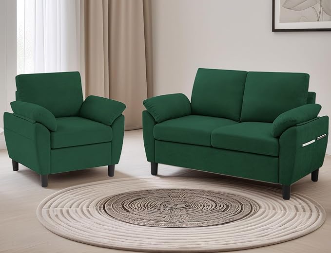 2-Piece Sofa Couch (Loveseat and Chair Set) Modern Sectional Sofa Sets with Wide Arms &amp Side Pockets Modern Comfy Small Couch Set for Living Room Green