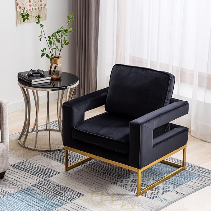 LukeAlon Elegant Velvet Accent Club Chair Upholstered Armchair with Gold Metal Legs Modern Single Sofa Chair Comfy Reading Chair with Open Back for Living Room Bedroom Black