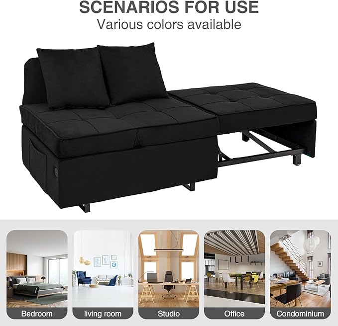 Sofa Bed 4-in-1 Convertible pull out Couch Velvet Love seat Couch Sleeper Chair Bed with 2 Throw Pillow Single Recliner with 5 Adjustable Backrests for Living Room Apartment Small Space Black