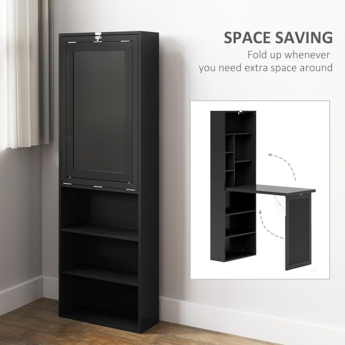 HOMCOM Foldable Convertible Writing Table Wall Mounted Space-Saving Computer Desk with Chalkboard and Storage Shelves for Small Spaces Home Office Bedroom Dorm Apartment Black