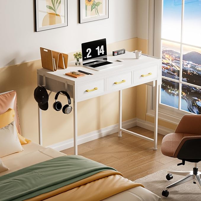 Small White Computer Desk with 3 Fabric Drawers for Home Office Bedroom Vanity Desk with Drawer Storage and Side Pouch Study Writing Table for Small Spaces White