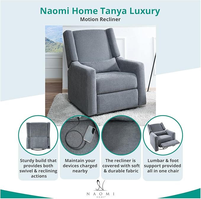 Naomi Home Tanya Luxury Motion Recliner Chair Light Gray – Plush Upholstered Glider Rocker with USB Charging Swivel and Lumbar Support for Nursery Comfort 275 lbs Capacity